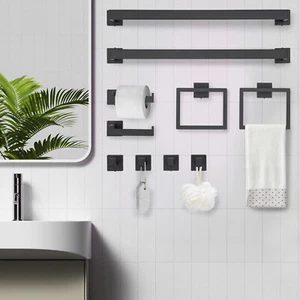 Juego de accesorios de baño negro mate de 10 piezas toalleras de baño montadas en la pared - Imagen 1 de 14