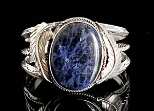 VTG. Signed Native Sterling Silver Cuff Bracelet w/Large Sodalite Stone, Fits 7" - Picture 1 of 9