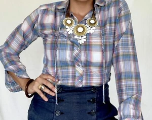 Vintage 60s/70s Polyester Plaid Button Shirt Academia Secretary  Geek MCM - Picture 1 of 11
