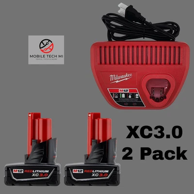 Milwaukee M12 XC3.0 Battery OEM 2 Pack 48-11-2402 Charger 48-59-2401 Kit 3.0 X2