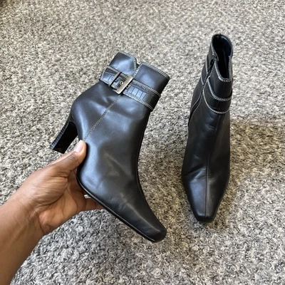 De Colección Predicciones Botines Punta Punta Cuero Negro Tacón Hebilla Cremallera Clásico Foto 1 de 4