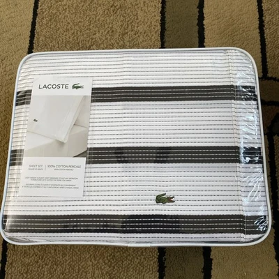 Lacoste 100% Cotton Percale King Archive Stripe 4 Piece Sheet Set/ Phantom New - Image 1 of 4