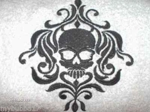 SKULL DAMASK EMBROIDERED SET 2 BATHROOM HAND TOWELS by laura - Picture 1 of 1