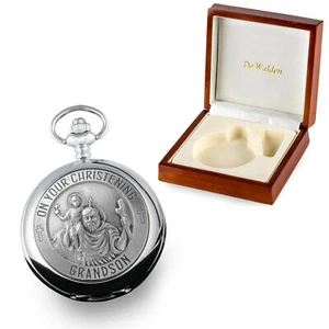 Christening Gift for Grandson Engraved St Christopher Pocket Watch MOP Wood Box - Picture 1 of 7