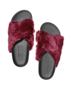 Victoria's Secret Faux Fur Slides PINK Sandals Criss Cross ruby S(5/6) NEW - Picture 1 of 1