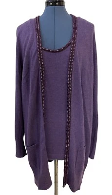 Pure Collection Cashmere Sweater Set Purple Sleeveless Beaded Top w Cardigan 14 - Image 1 of 4