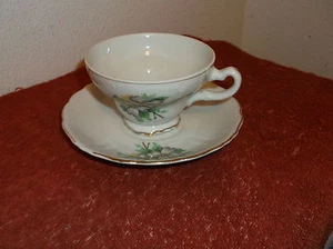 VINTAGE GREEN & ROSE FLORAL DESIGN  BONE CHINA CUP & SAUCER...made in ENGLAND  - Picture 1 of 5