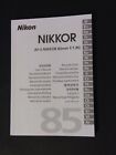 Nikon AF-S Nikkor 85mm f/1.8G User&#39;s Guide Instruction Manual