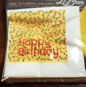 Vintage Party Teller & Servietten Happy Birthday gelb Blumen Service für 18 Le Brun - Bild 1 von 8