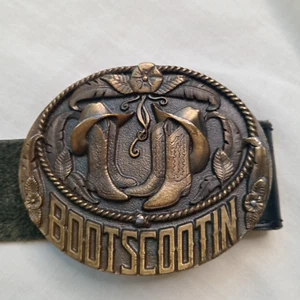 Bergamot 1995 'Bootscootin' Buckle Black Leather Belt Brass Vtg 90s Western Boho - Picture 1 of 9