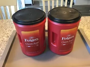 Lot of 2 Folgers Large Empty Coffee Cans Red Plastic 43.5oz Crafts/Storage - Picture 1 of 2