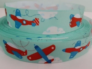 Grosgrain Ribbon, Patriotic Airplanes Flying in Blue Sky with White Clouds, 7/8" - Picture 1 of 1