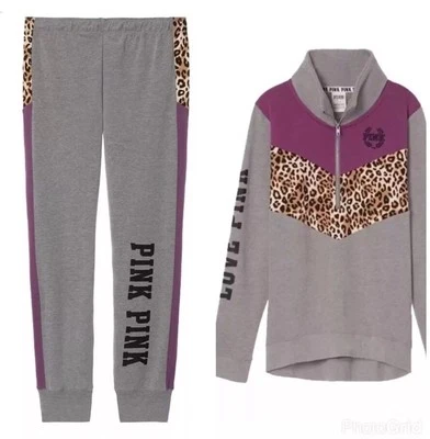 VICTORIA'S SECRET PINK HALF ZIP PULLOVER & GYM PANT SET GRAY/LEOPARD XS~S NWT - Image 1 of 4
