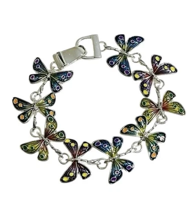 Enamel Butterfly Bracelet Multicolor Silver Tone Magnetic Clasp - Image 1 of 4