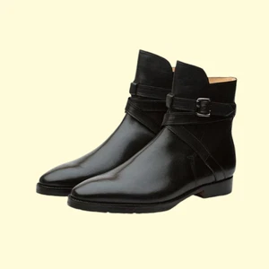 Handmade Men Black Colour Leather Jodhpurs Ankle High Buckle Strap Boots For Men - Picture 1 of 4