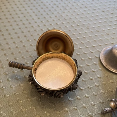 Vintage 1930 Gold Tone Pill Box Saccharin Trinket Floral Rose Trim W/Rhinestones - Image 1 of 3