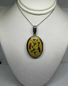 Vintage bunte Emaille Liebe Vögel Siam ovales Medaillon Sterling Anhänger Halskette - Bild 1 von 13