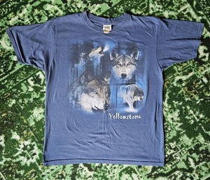 Vintage Yellowstone Wolf Y2K Shirt Size Large Twilight Nature 90s Blue Animal - Picture 1 of 10