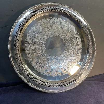 "Gran plato de servir vintage de 15"" William Rogers plateado con pergamino 172" Foto 1 de 4