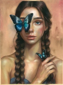 original drawing 30 x 40 cm 123SkV artwork pastel woman&butterfly - Picture 1 of 5