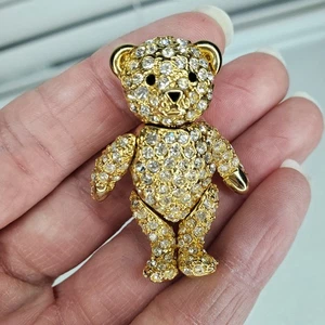 Adorable Teddy Bear Pin Brooch Crystal Gold Tone Articulated Limbs Rhinestones  - Picture 1 of 2