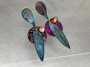Vintage Earrings BOHO Metal Dangle Chunky Purple Blue ARTISAN Statement - Picture 1 of 4