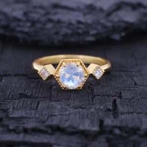Brilliant Cut Moonstone 14K Yellow Gold Plated On Silver Art Deco Wedding Ring - Picture 1 of 6