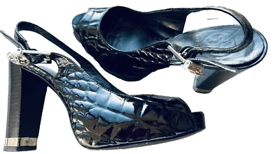 EUC TORY BURCH Allison Crocs Black Patent Leather Peep Toes Slingback Heels 6 - Image 1 of 4