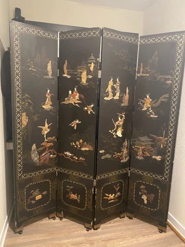 Antique Jade & Mother of Pearl Black Laquer Room Divider 4-Panel Cover