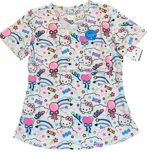 Hello Kitty Tooniforms Womens Scrub Top Size XS Rainbow White Pink Heath Care - Picture 1 of 12
