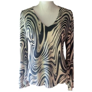 JTB VTG pullover Y2K bell sleeve v neck swirl blouse USA cream chiffon M mobwife - Picture 1 of 11