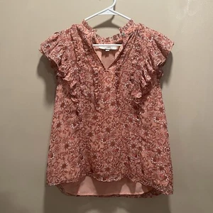 Loft Pink Floral Ruffle Top L Poly Blend Prairie Bloom Core Cottage Core Flowy - Picture 1 of 11