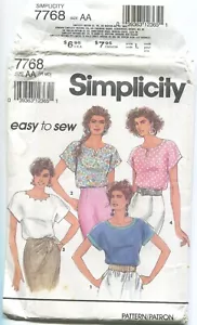 SIMPLICITY 7768 MISSES' PULLOVER TOPS W/ VARIATIONS SZ PT-MD 6-16 UNCUT 1992 - Picture 1 of 3