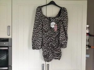 Ladies Boohoo Petite Leopard Volume Sleeve Ruched Mini Dress - Brown - Size UK 8 - Picture 1 of 5