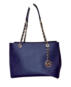 Michael Kors Susannah Large Leather Tote Bag Luggage Navy - Picture 1 of 9