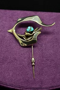 925 Sterling Silver Stylized Flower Design Lapel Hat Stick Pin w/ Turquoise - Picture 1 of 7