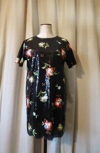 ZARA Robe droite manches courtes paillettes sequins noir fleurs T  40 - Picture 1 of 8