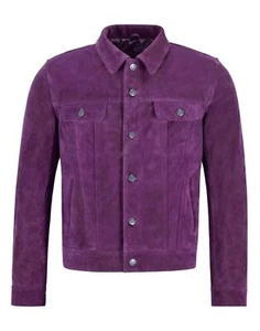 Mens Purple Leather Trucker Jacket Pure Suede Custom Made Size S M L XL 2XL 3XL - Picture 1 of 5