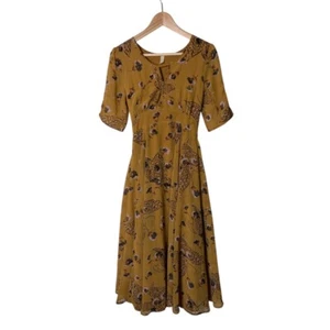 Free People Mustard Yellow BONNIE Butterfly Midi Dress Short Sleeve Boho 4 2179 - Picture 1 of 8
