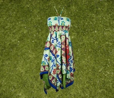 Women's Luxe Halter Dress, Green Blue Printed Bohemian Recycled Silk Summer S/M