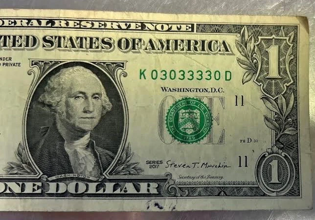 03033330 Binary Repeater Fancy Serial Number One Dollar Bill 5 of a kind - Image 1 of 4