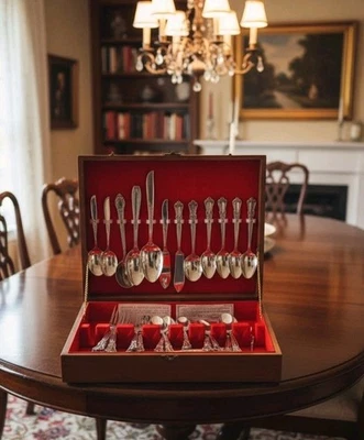 54-Pc WM A Rogers Oneida SECTIONAL Silverplate Flatware Set VALLEY ROSE w/ Chest - Image 1 of 4