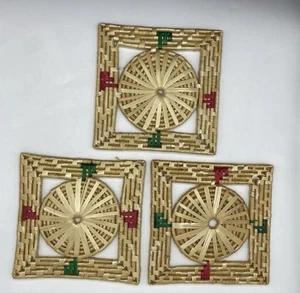 Vintage Trivets Hot Pad Set Of 3 Woven Wicker Straw Rattan Raffia Square 7” X 7” - Picture 1 of 8