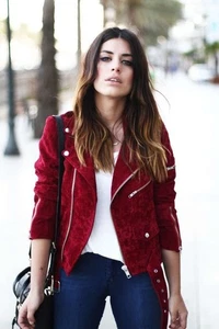 Women Red Slim Fit Bomber Biker Suede genuine Lambskin Motorcycle Coat - Picture 1 of 8