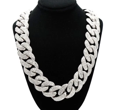 Cadena Cubana Pesada 45CTW Helada Natural Vs Diamante Oro Blanco 14K 552 Gramos 21" Foto 1 de 4