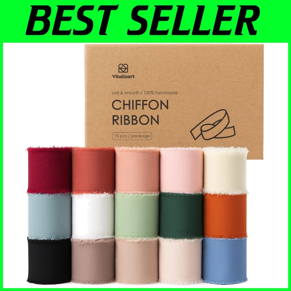 Juego de cintas de seda de gasa - 15 rollos borde deshilachado rústico Foto 1 de 4