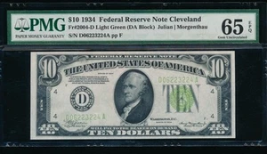 AC 1934 $10 Cleveland LGS Light Green Seal PMG 65 EPQ Fr 2004-D Gem! - Picture 1 of 2