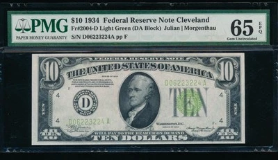 AC 1934 $10 Cleveland LGS Light Green Seal PMG 65 EPQ Fr 2004-D Gem! - Image 1 of 2