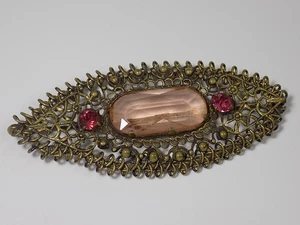 Antike Jugendstil Charm Brosche  Anhänger  Messing Vergoldet Floral 3 Edelsteine - Bild 1 von 10