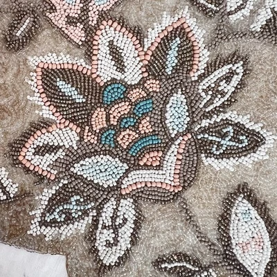 Pastel Flowers, Buds, Leaves Pier One Beaded Table Runner Made in India 13x35 - Image 1 of 4
